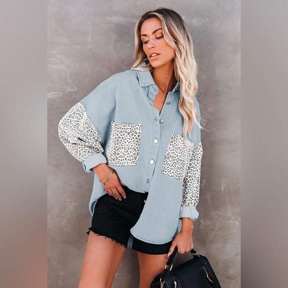 NEW Casual Leopard Denim Lapel Long Sleeve Button Down Oversized Jackets Coat - Picture 1 of 9